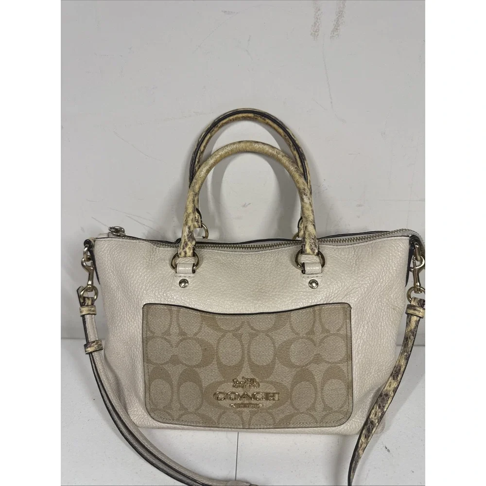 Coach Pebble Leather Emma Satchel w/ Signature Canvas and Snake Embossed Leather